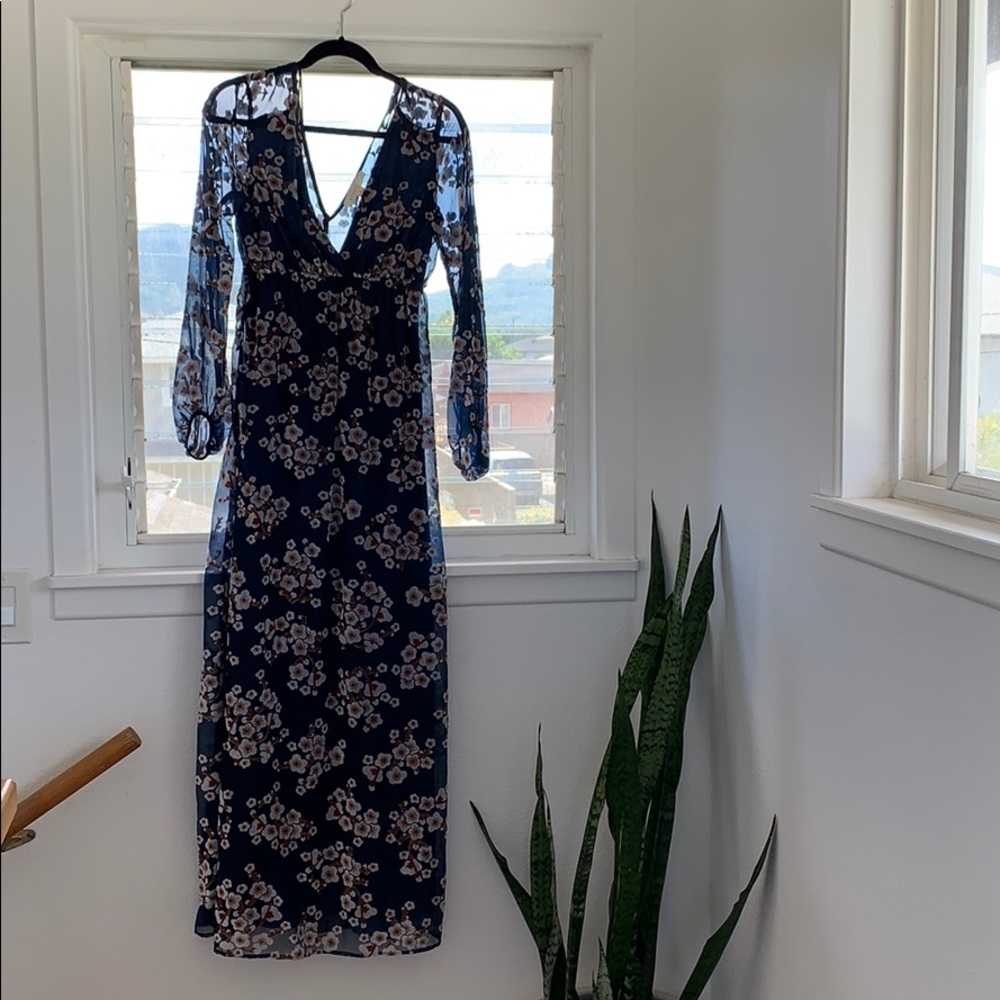 Love stitch navy floral maxi with sleeves